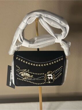 Karl Lagerfeld Lourdes Black Suede Crossbody Bag with Gold Studs and Logo Charm